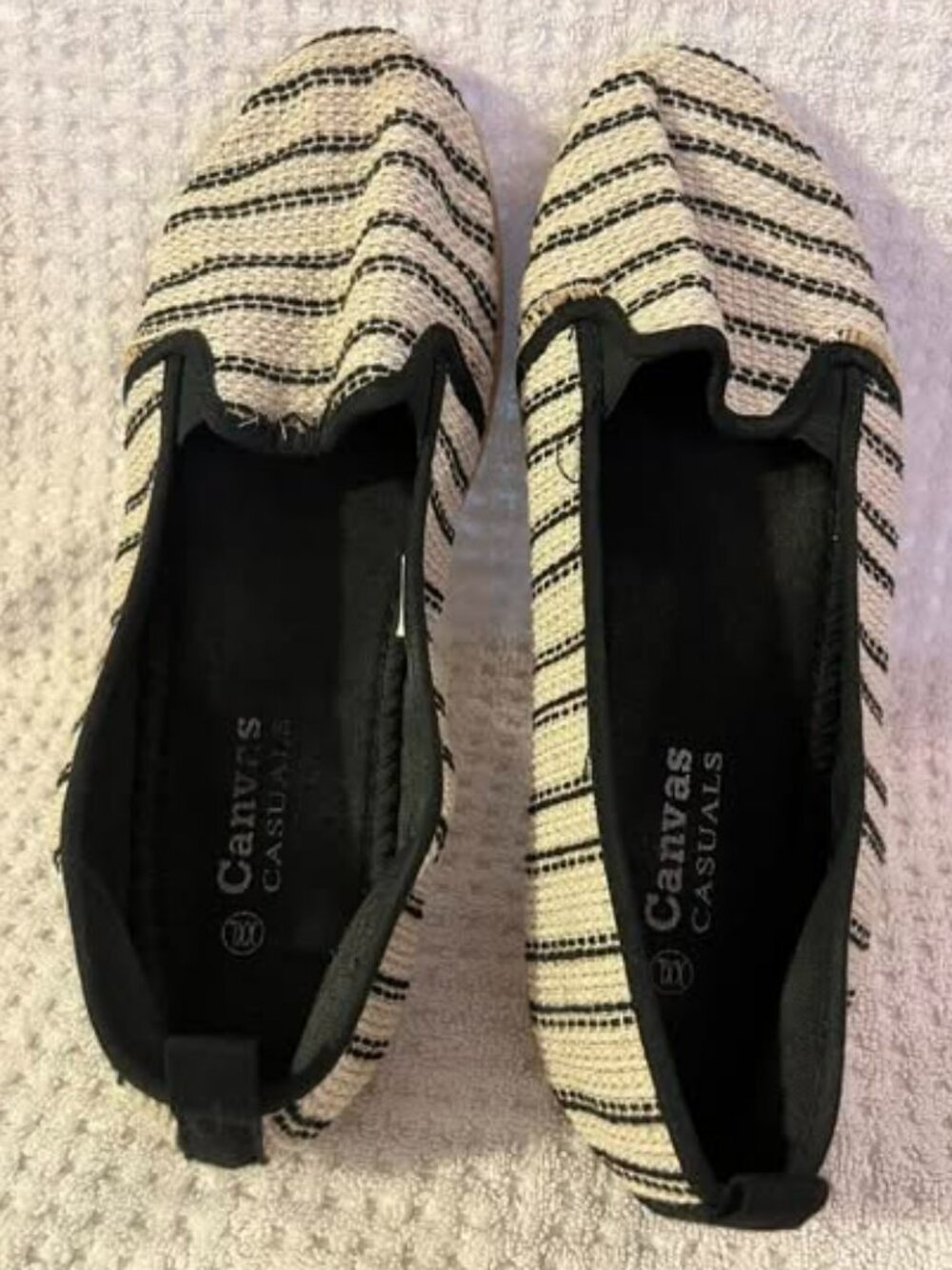 🐻Size XXL - Canvas Casuals - Off-White and Black Striped Canvas Flats